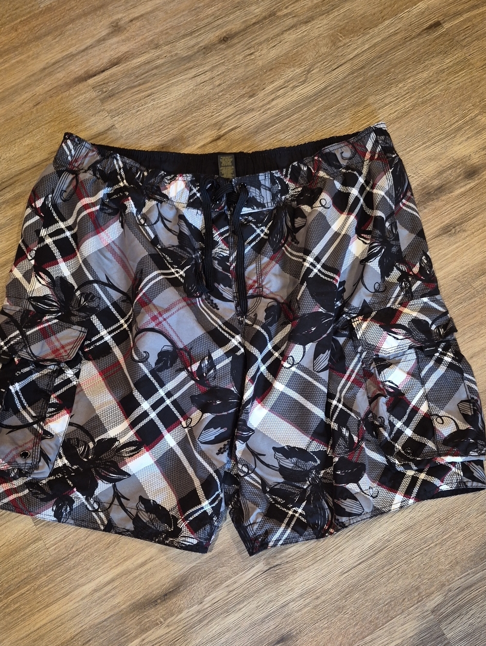 Athena Black, Gray & Red Plaid Swim Shorts